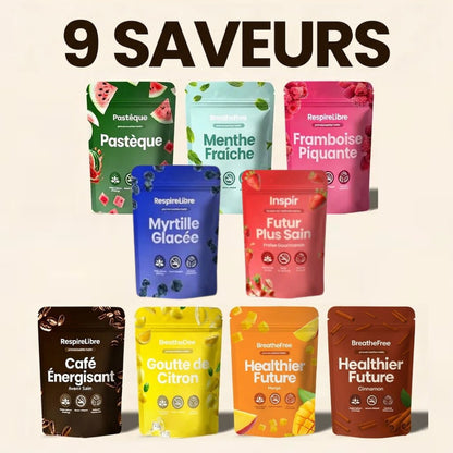 7 saveurs de recharges aromatiques INSPIR : pastèque, menthe fraîche, framboise, café, myrtille, fraise, citron, cannelle, mangue