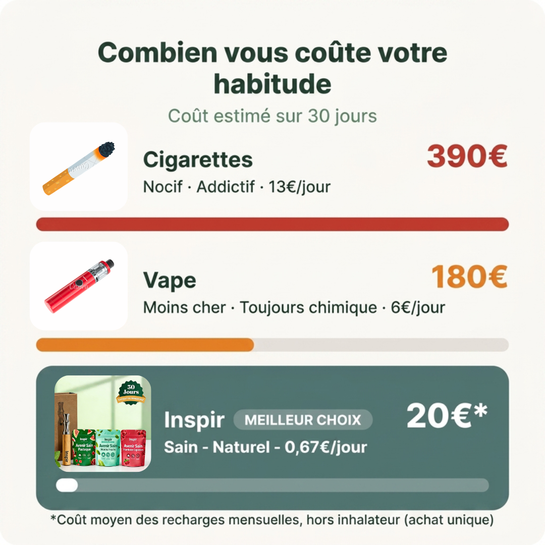 Comparatif coût mensuel : cigarettes 390€, vape 180€, inhalateur naturel INSPIR 20€