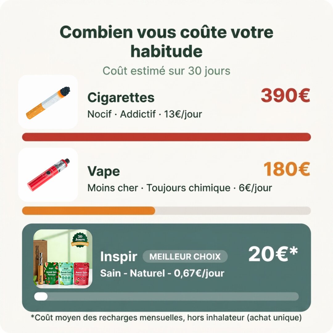 Comparatif coût mensuel : cigarettes 390€, vape 180€, inhalateur naturel INSPIR 20€