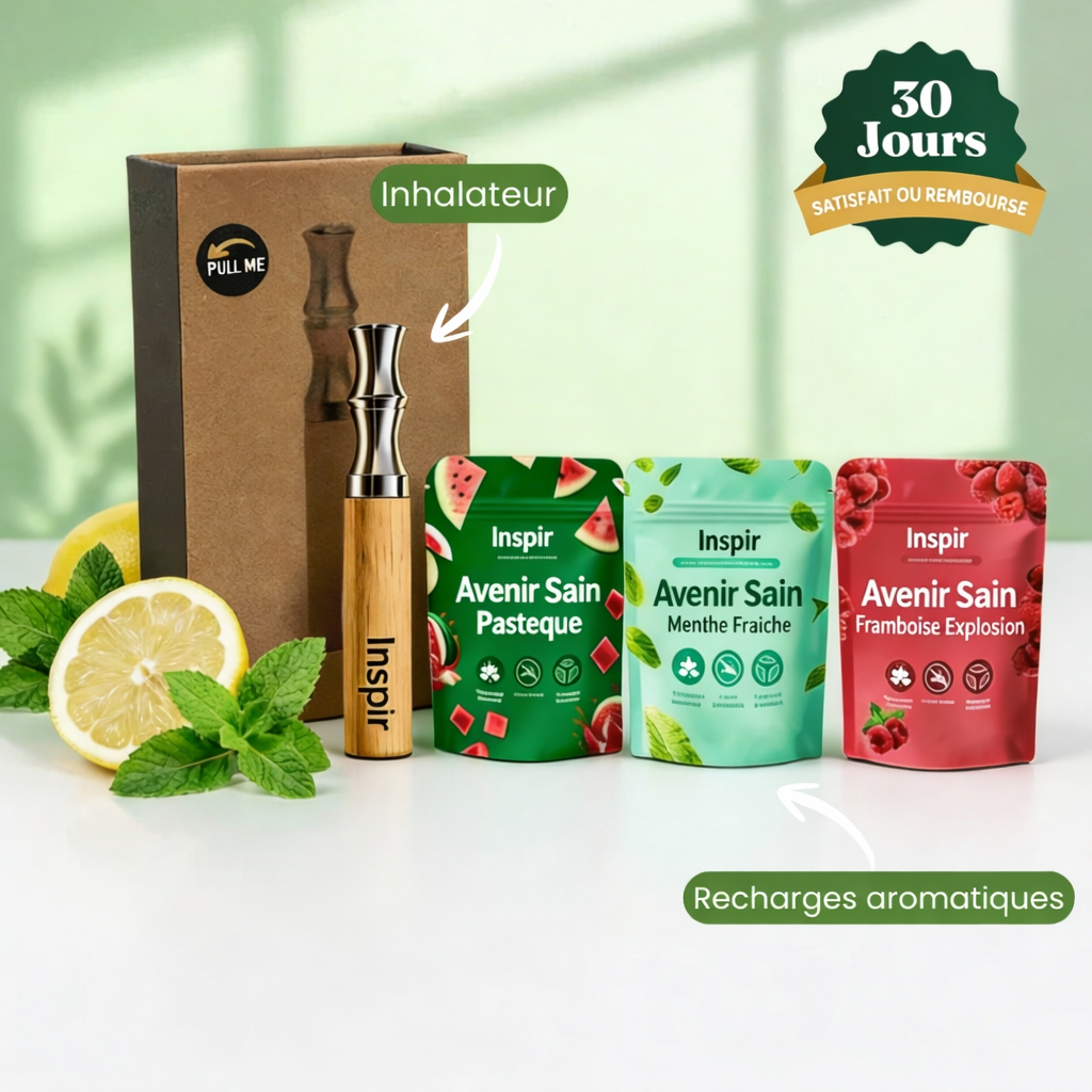 Pack INSPIR : inhalateur naturel en bois + recharges aromatiques pastèque, menthe fraîche, framboise – satisfait ou remboursé 30 jours